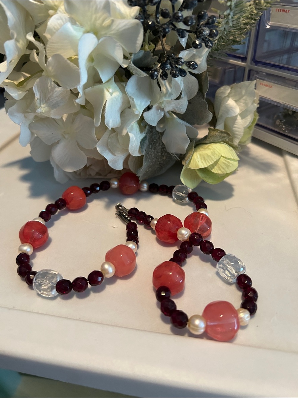 Elegant Pink Beaded Necklace with Pearl Accents